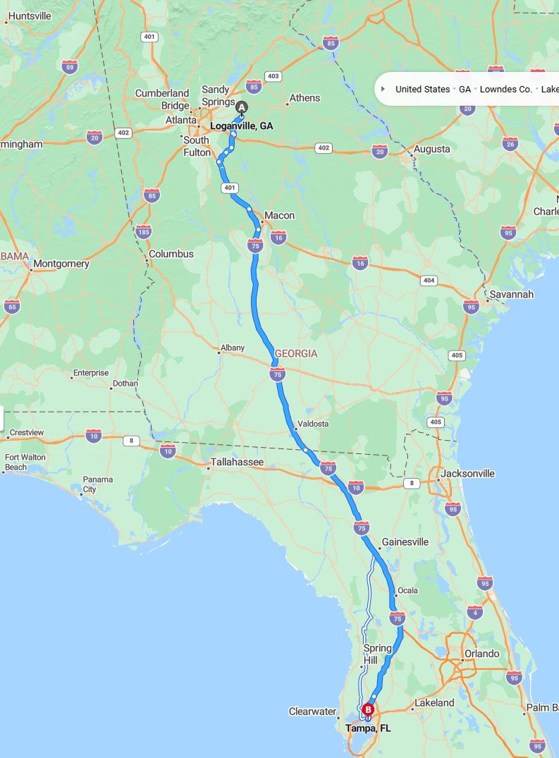driving from Loganville, Georgia to TampaFlorida - map and route