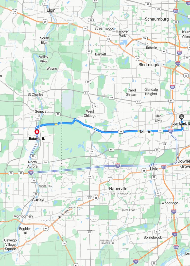 driving from Lombard, Illinois to BataviaIllinois - map and route