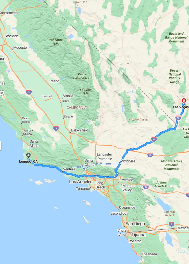 driving from Lompoc, California to Las VegasNevada - map and route