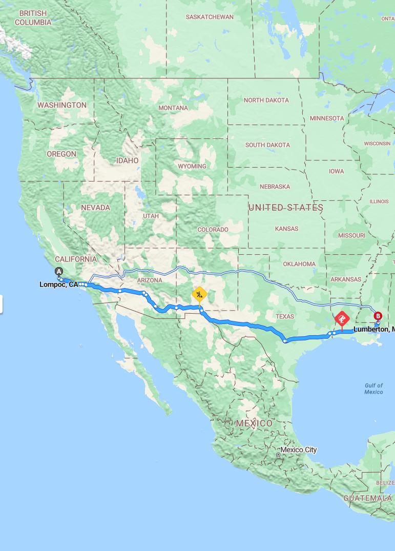 driving from Lompoc, California to LumbertonMississippi - map and route