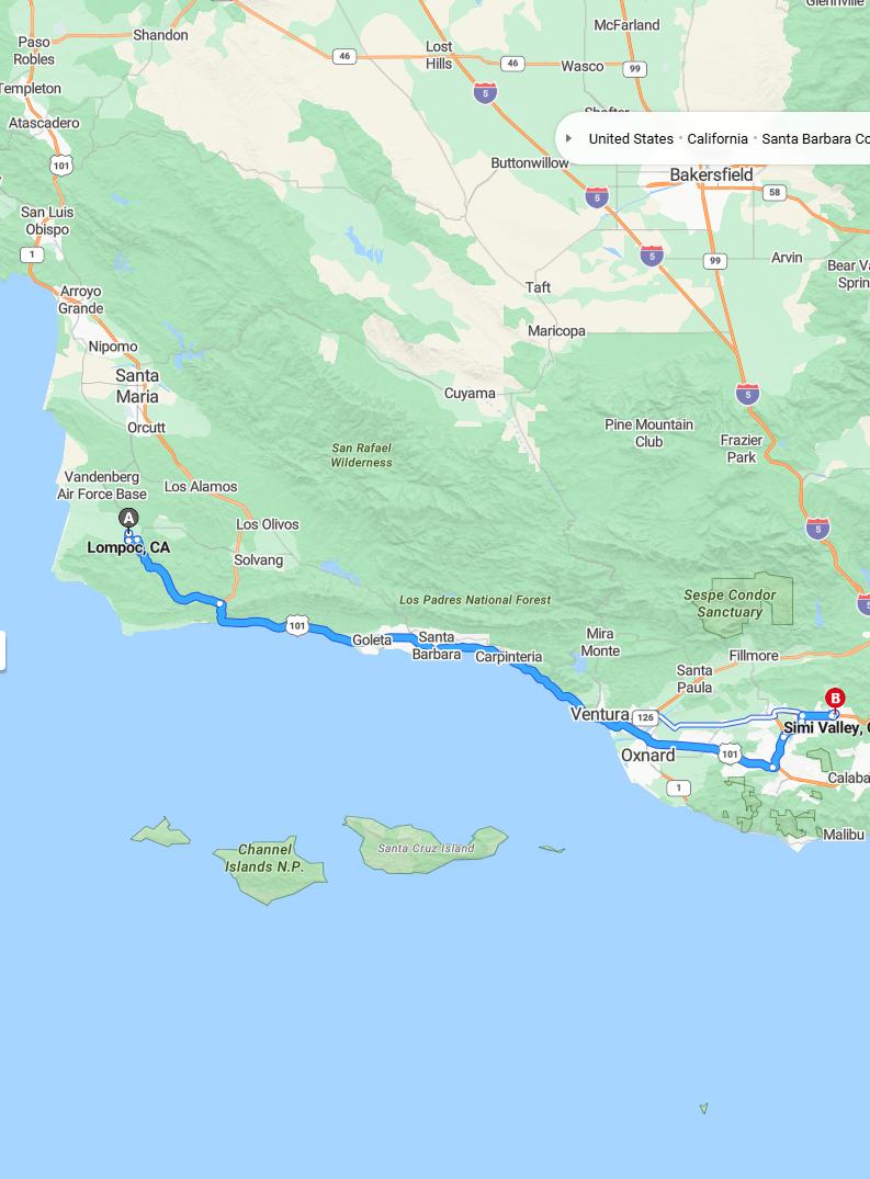 driving from Lompoc, California to Simi ValleyCalifornia - map and route