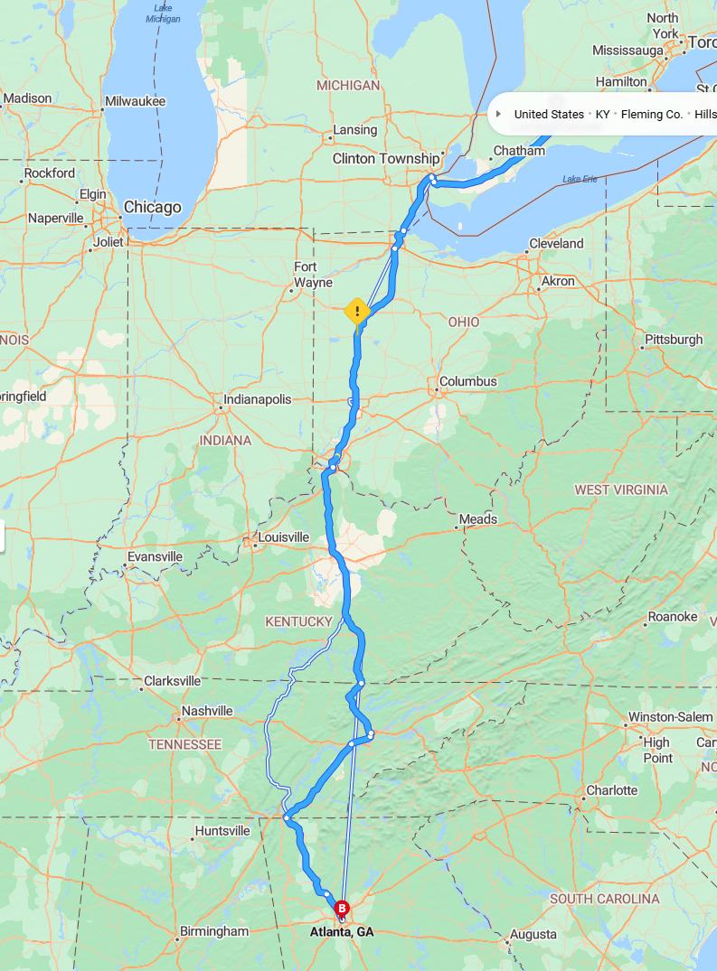 driving from London, Ontario to AtlantaGeorgia - map and route