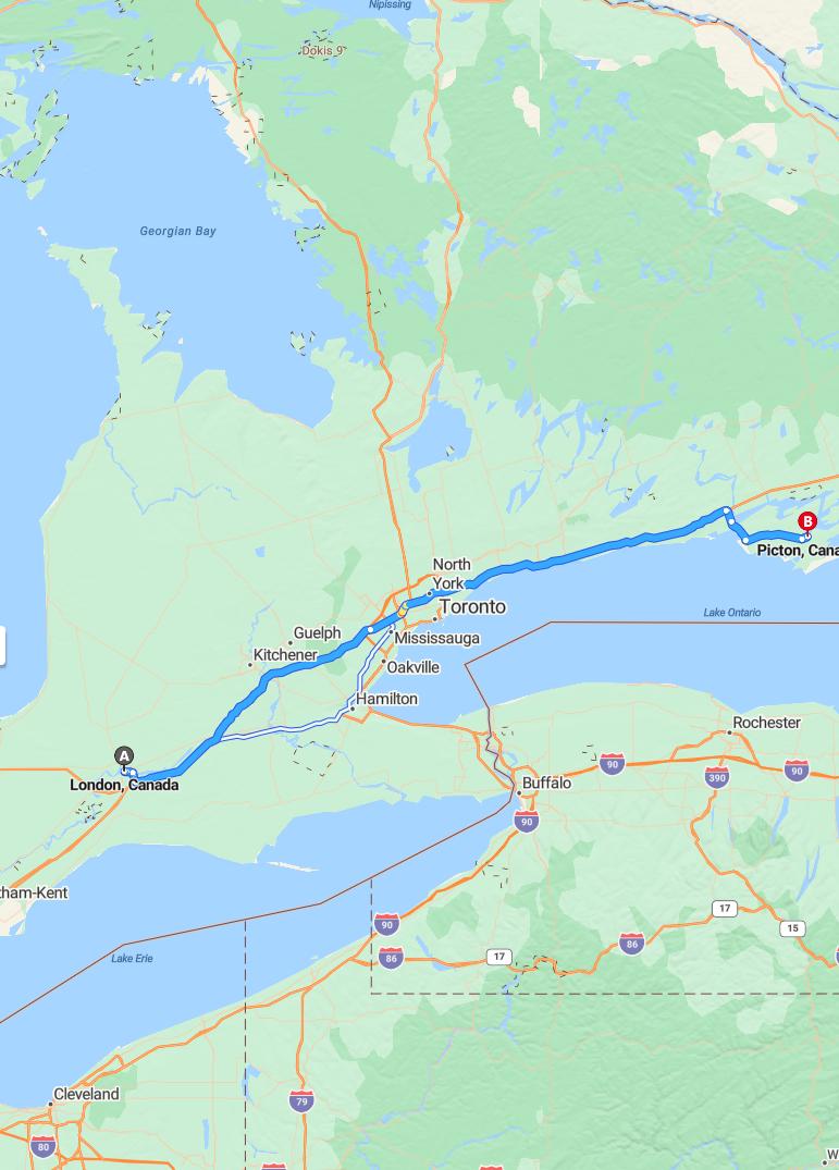 driving from London, Ontario to PictonOntario - map and route