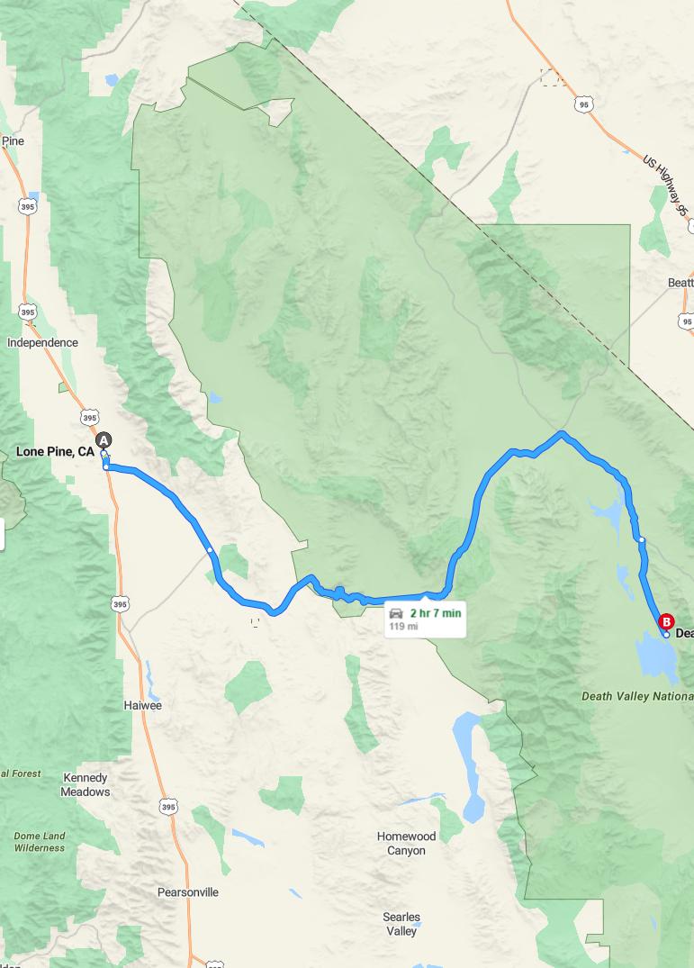 driving from Lone Pine, California to Death ValleyCalifornia - map and route
