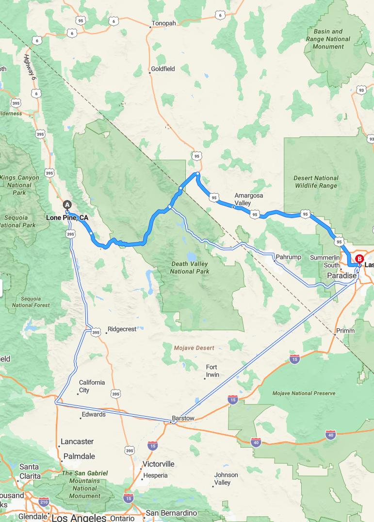driving from Lone Pine, California to Las VegasNevada - map and route