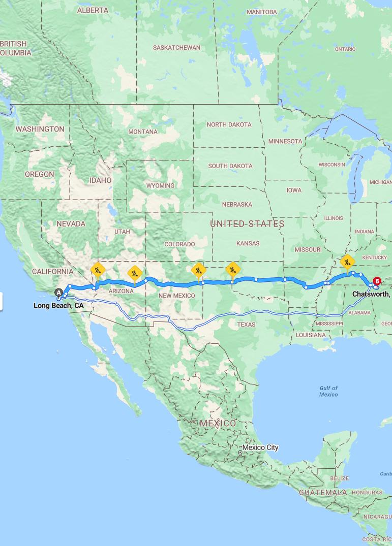 driving from Long Beach, California to ChatsworthGeorgia - map and route