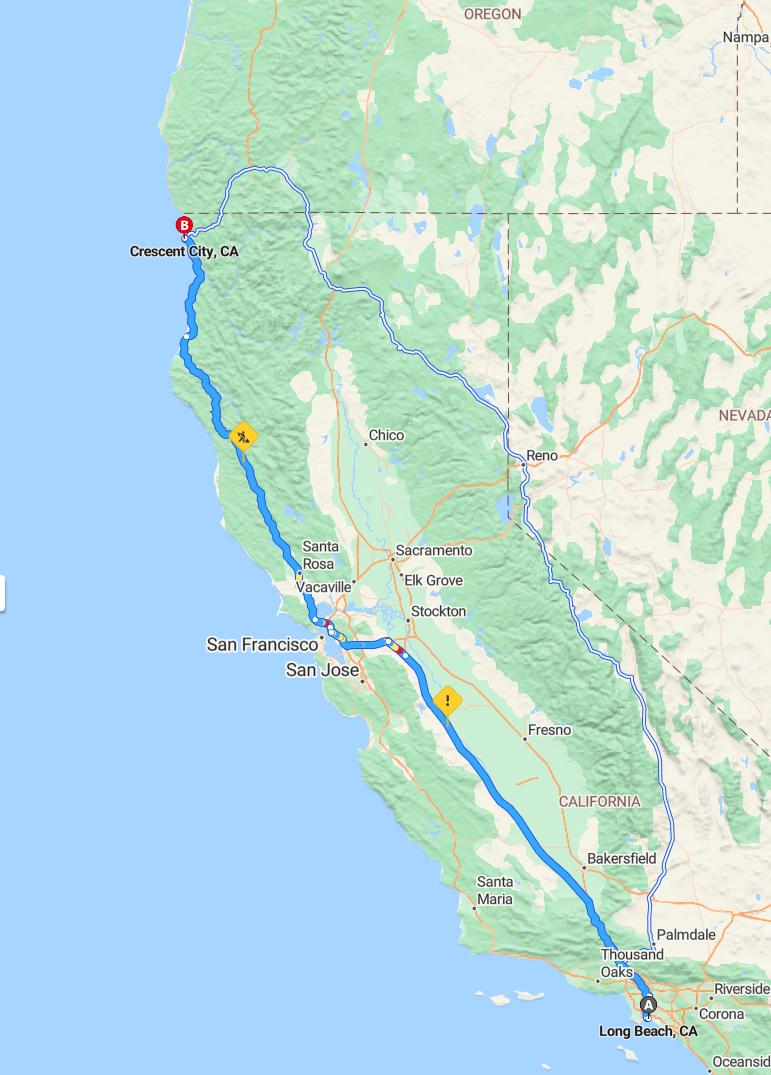 driving from Long Beach, California to Crescent CityCalifornia - map and route