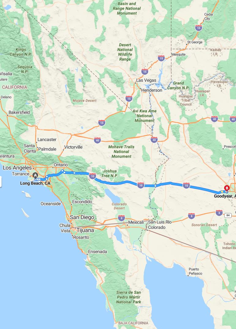 driving from Long Beach, California to GoodyearArizona - map and route