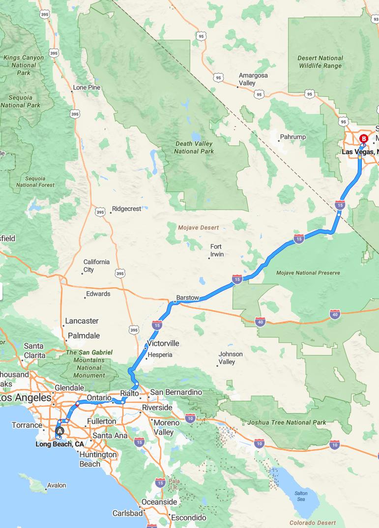 driving from Long Beach, California to Las VegasNevada - map and route