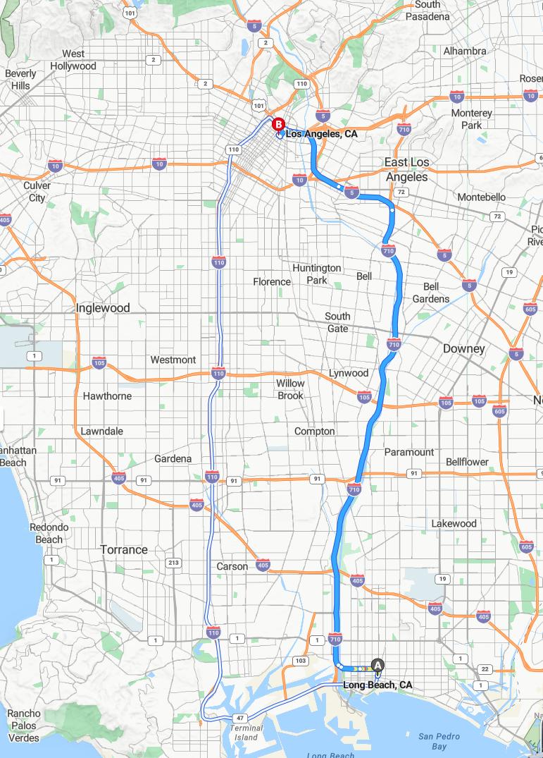driving from Long Beach, California to Los AngelesCalifornia - map and route