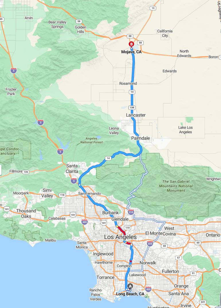 driving from Long Beach, California to MojaveCalifornia - map and route