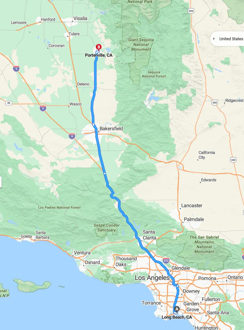 driving from Long Beach, California to PortervilleCalifornia - map and route