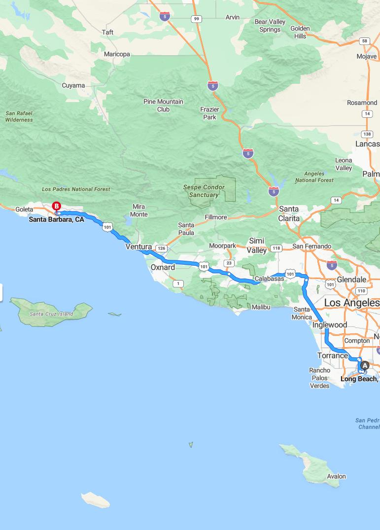 driving from Long Beach, California to Santa BarbaraCalifornia - map and route