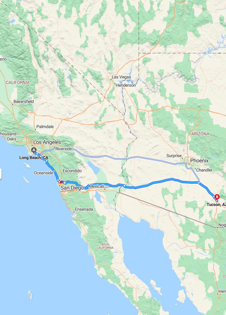 driving from Long Beach, California to TucsonArizona - map and route