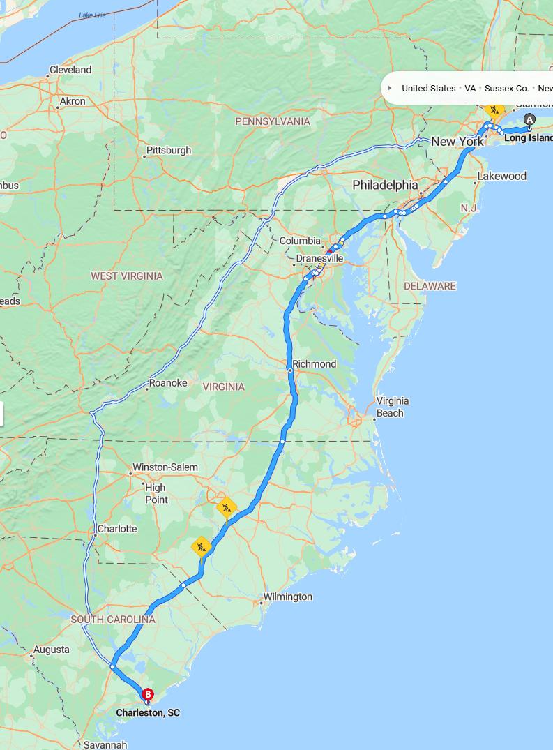 driving from Long Island, New York to CharlestonSouth Carolina - map and route