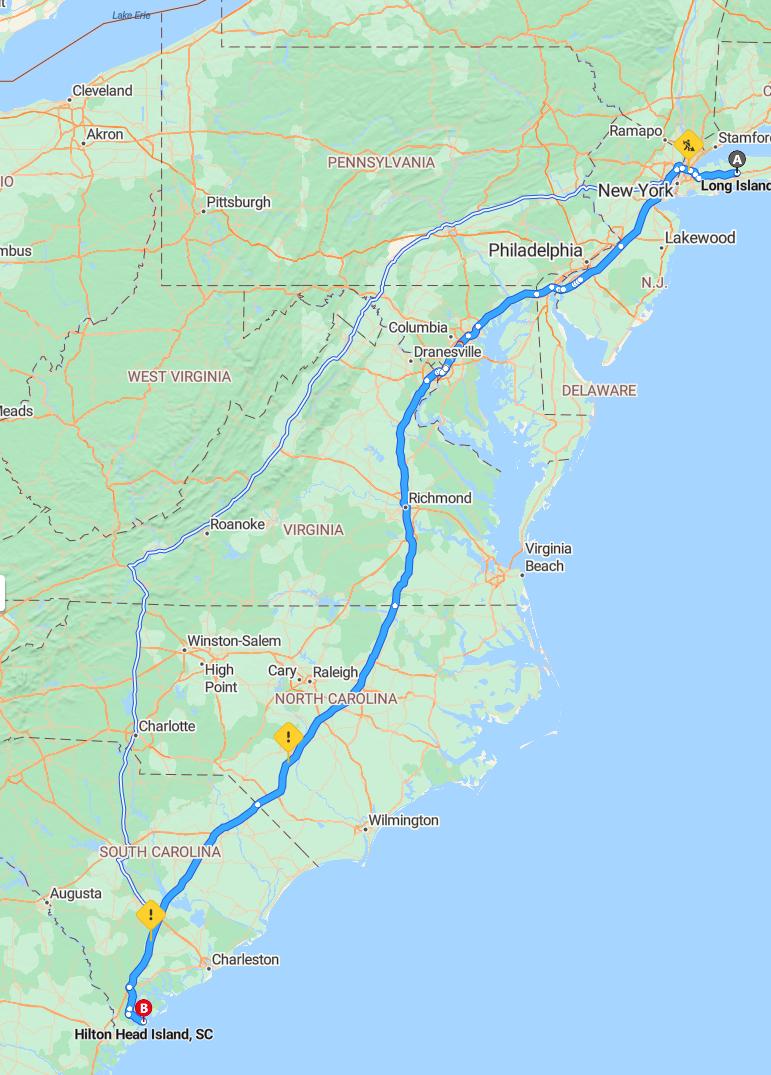 driving from Long Island, New York to Hilton HeadSouth Carolina - map and route