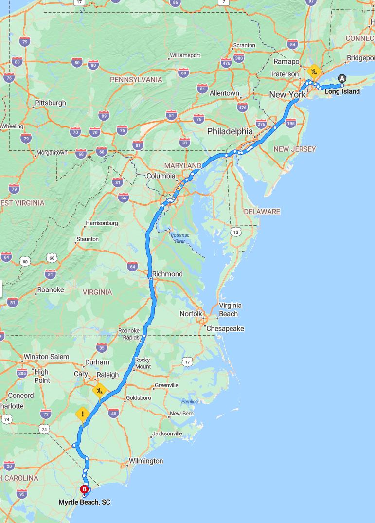 driving from Long Island, New York to Myrtle BeachSouth Carolina - map and route