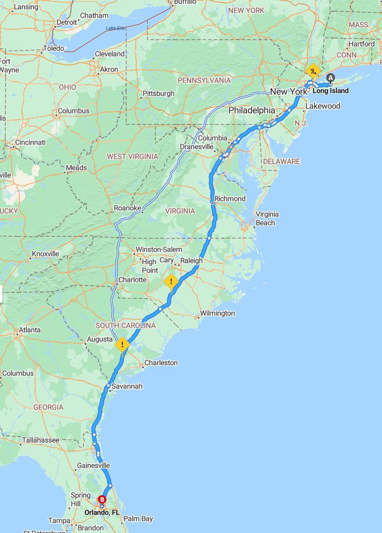 driving from Long Island, New York to OrlandoFlorida - map and route