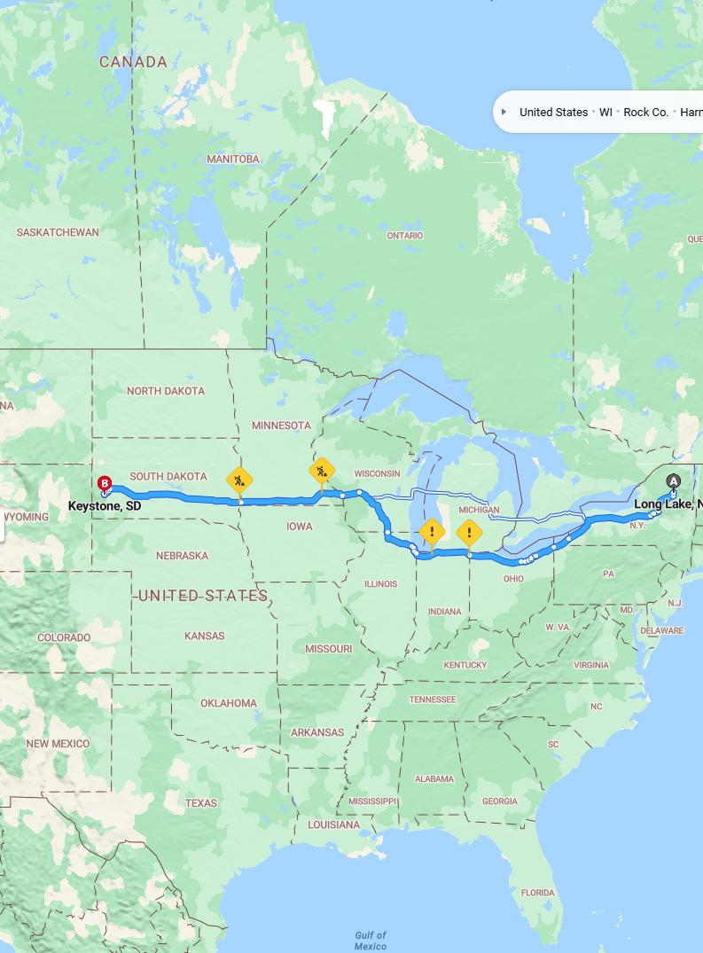 driving from Long Lake, New York to KeystoneSouth Dakota - map and route