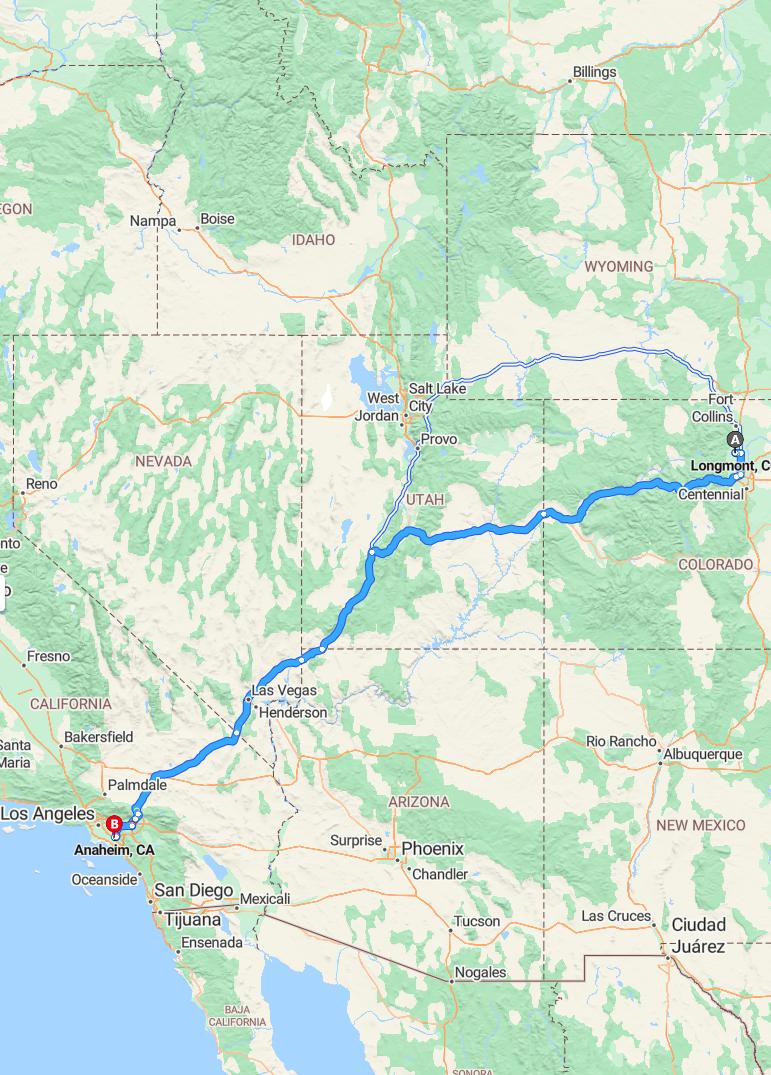 driving from Longmont, Colorado to AnaheimCalifornia - map and route