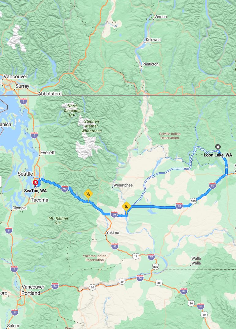 driving from Loon Lake, Washington to SeaTacWashington - map and route