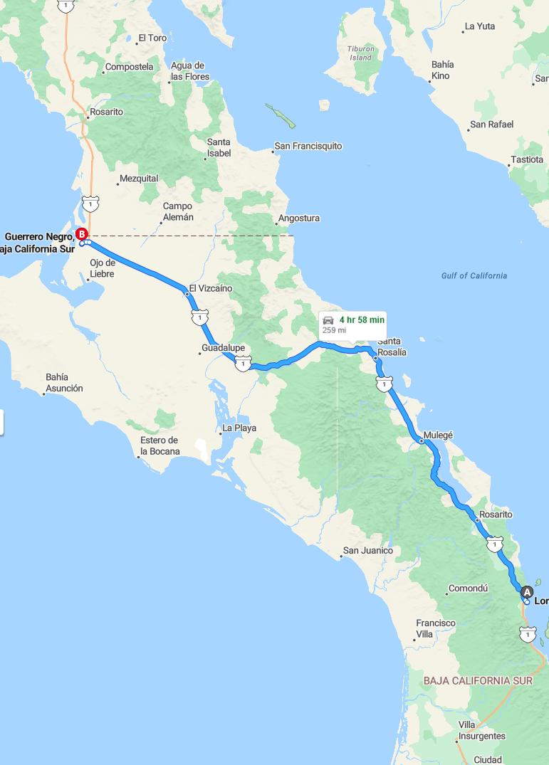 driving from Loreto, Baja California Sur to Guerrero NegroBaja California Sur - map and route