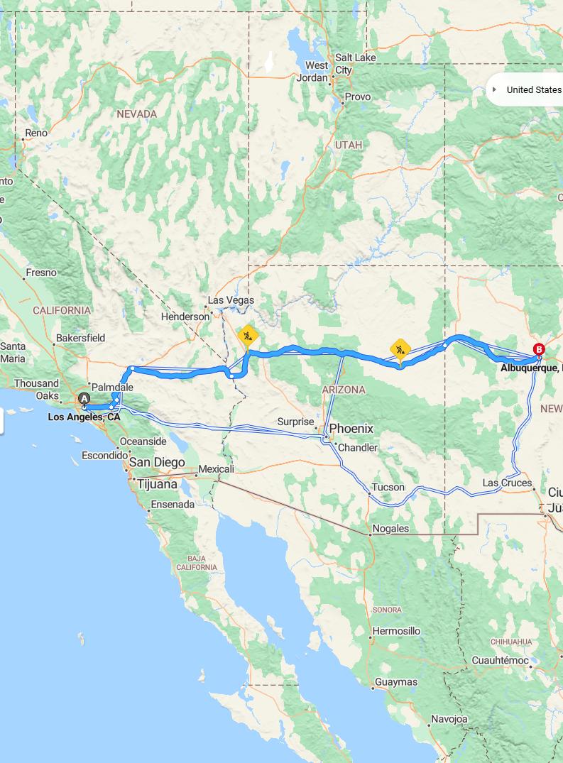 driving from Los Angeles, California to AlbuquerqueNew Mexico - map and route