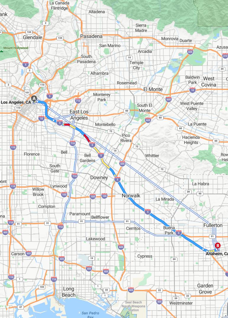 driving from Los Angeles, California to AnaheimCalifornia - map and route