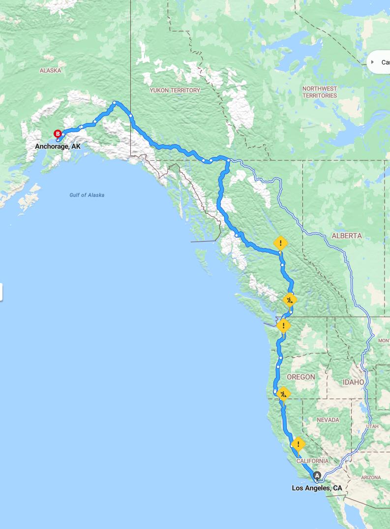 driving from Los Angeles, California to AnchorageAlaska - map and route