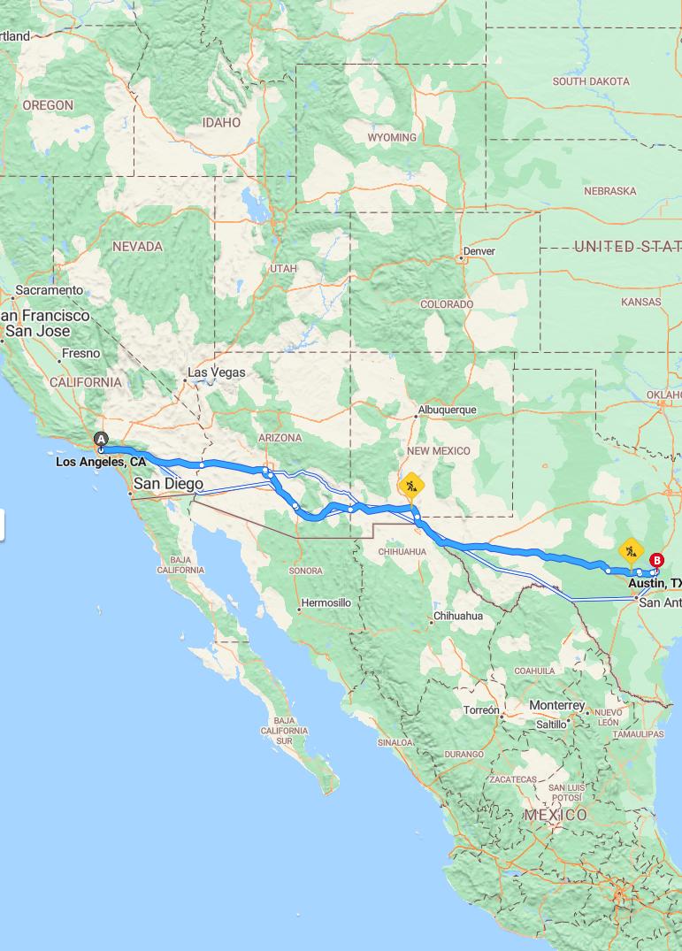 driving from Los Angeles, California to AustinTexas - map and route