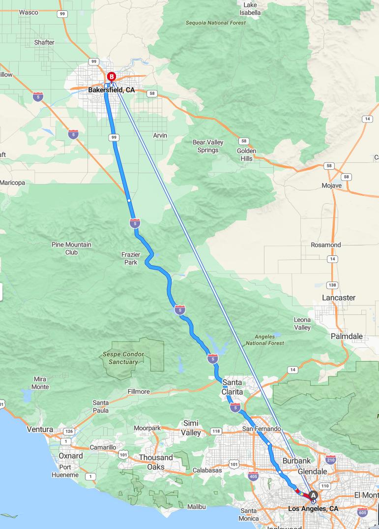 driving from Los Angeles, California to BakersfieldCalifornia - map and route