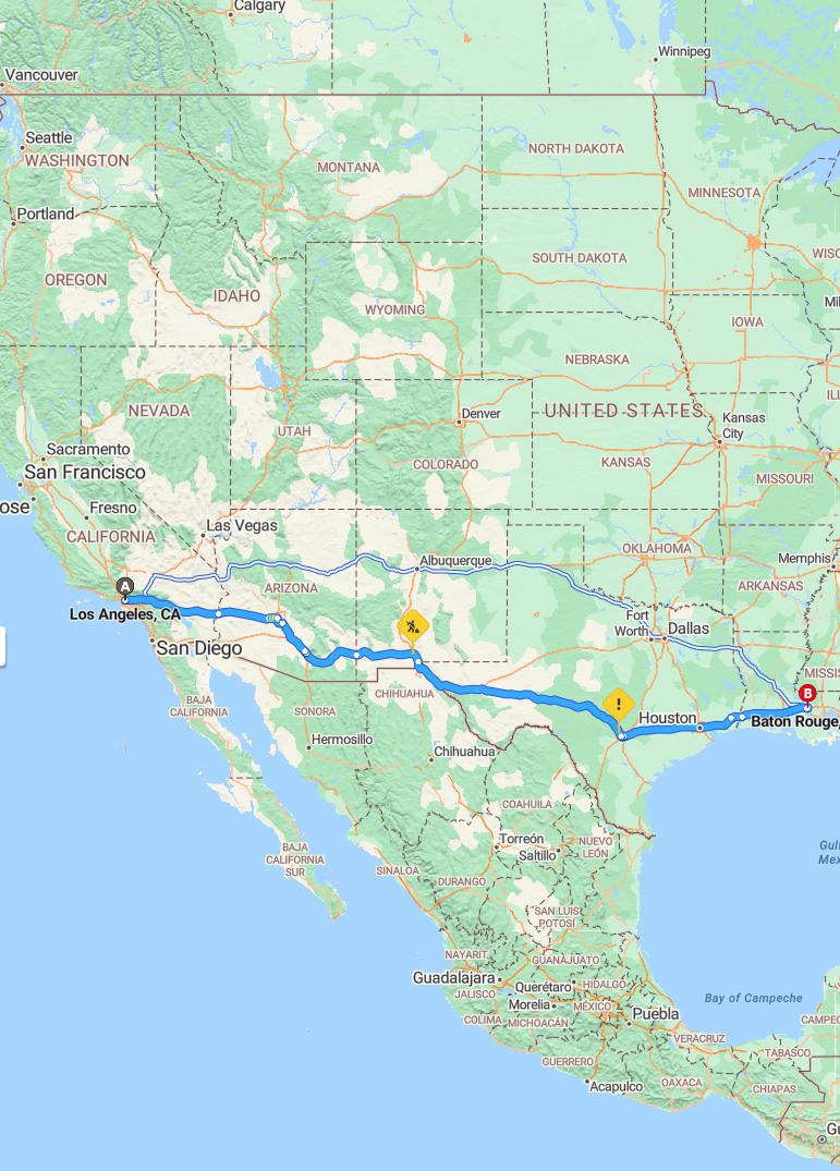 driving from Los Angeles, California to Baton RougeLouisiana - map and route