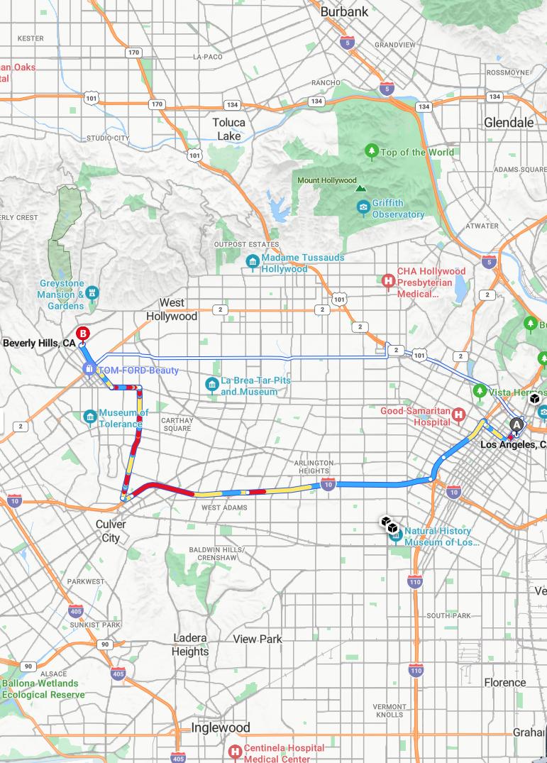 driving from Los Angeles, California to Beverly HillsCalifornia - map and route