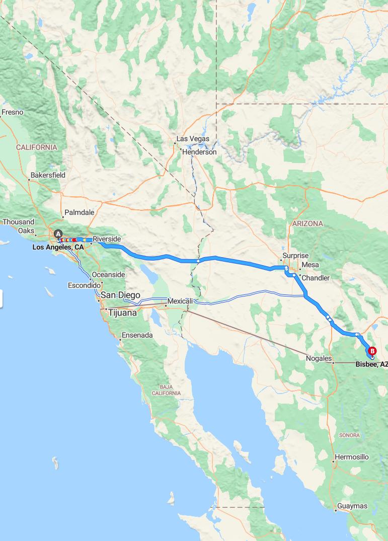 driving from Los Angeles, California to BisbeeArizona - map and route