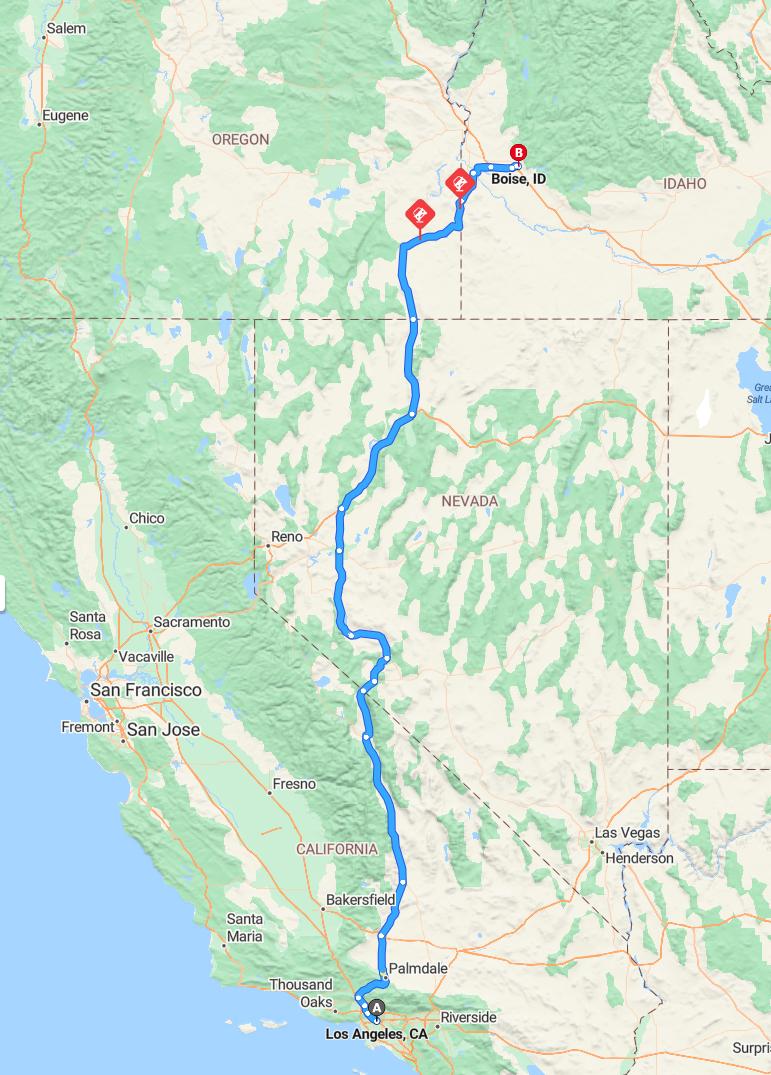 driving from Los Angeles, California to BoiseIdaho - map and route
