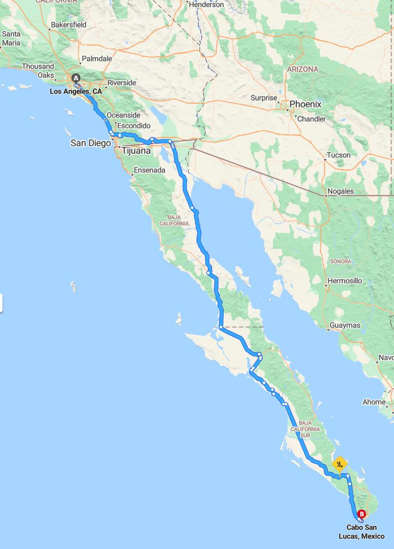 driving from Los Angeles, California to Cabo San LucasBaja California Sur - map and route