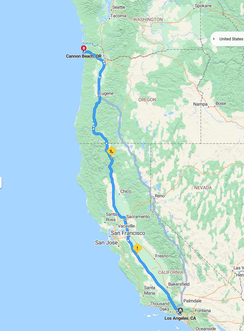 driving from Los Angeles, California to Cannon BeachOregon - map and route