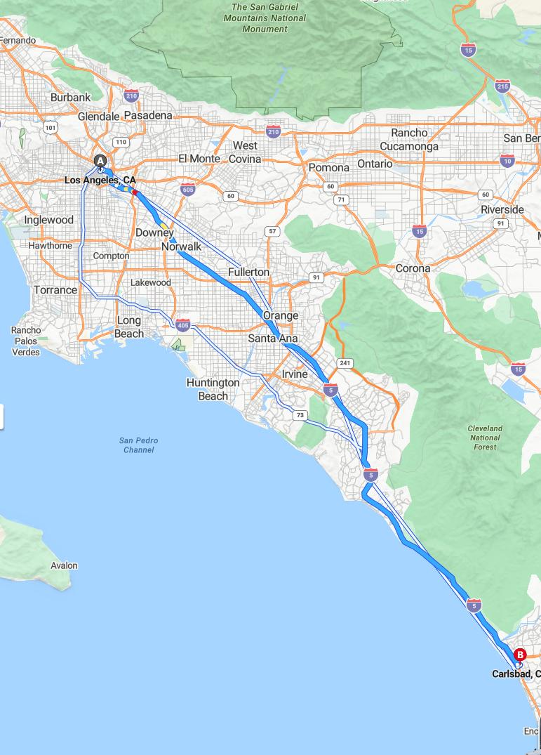 driving from Los Angeles, California to CarlsbadCalifornia - map and route
