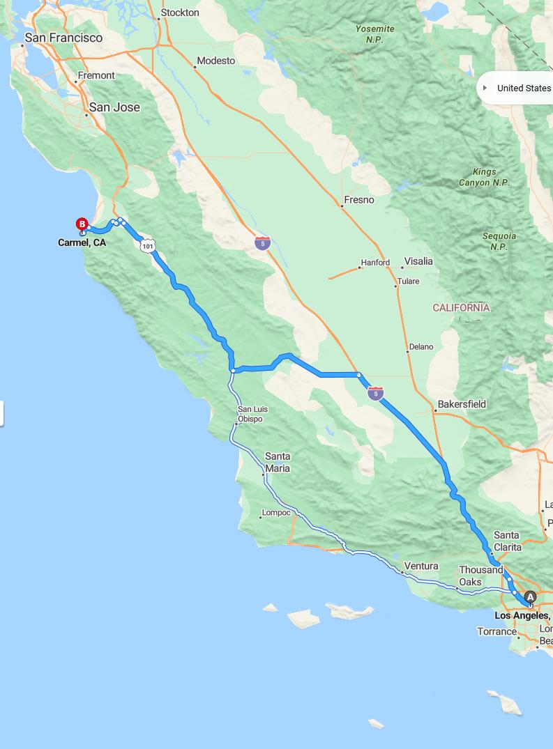 driving from Los Angeles, California to Carmel-by-the-SeaCalifornia - map and route