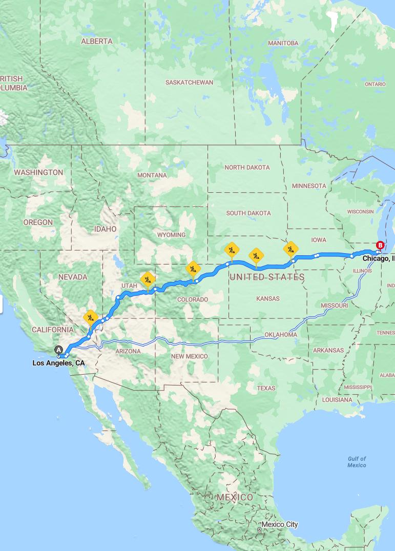 driving from Los Angeles, California to ChicagoIllinois - map and route