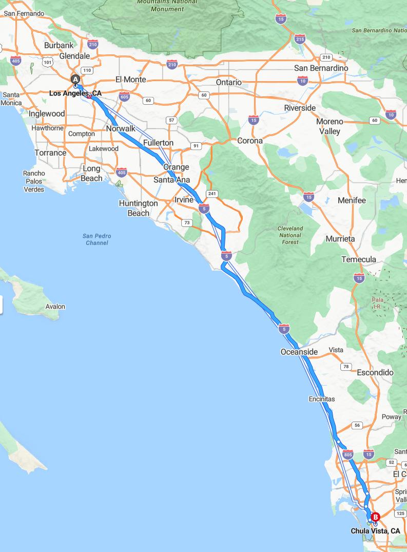driving from Los Angeles, California to Chula VistaCalifornia - map and route