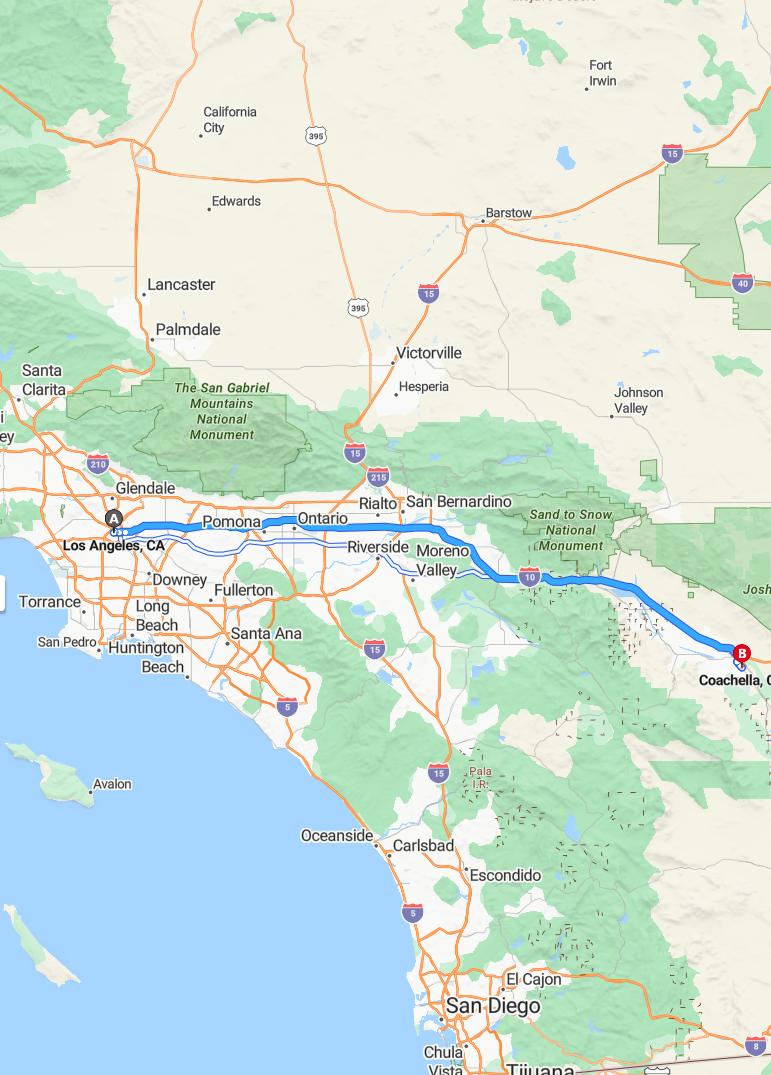 driving from Los Angeles, California to CoachellaCalifornia - map and route