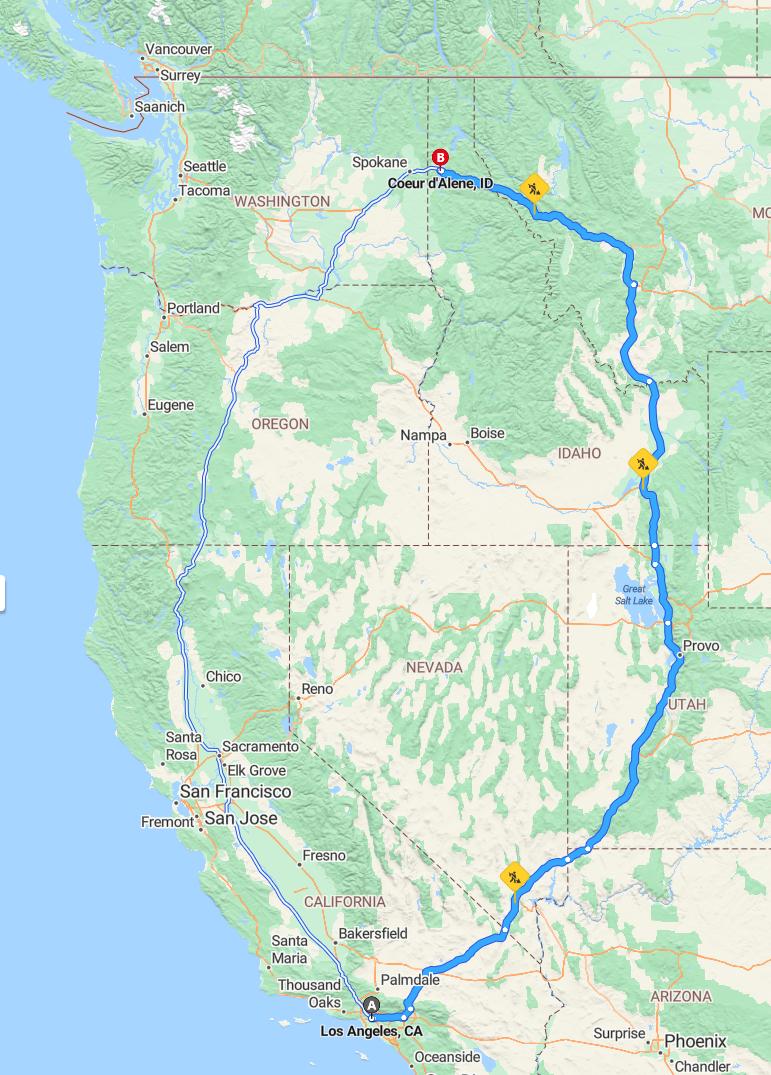 driving from Los Angeles, California to Coeur d'AleneIdaho - map and route