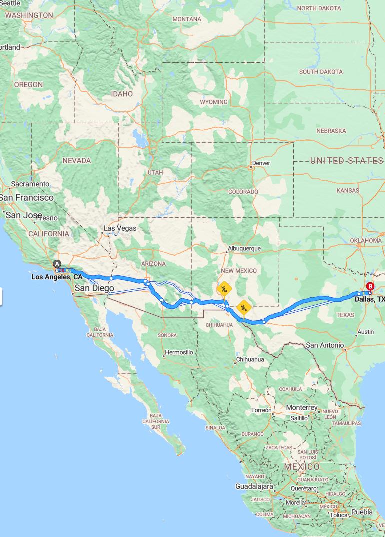 driving from Los Angeles, California to DallasTexas - map and route