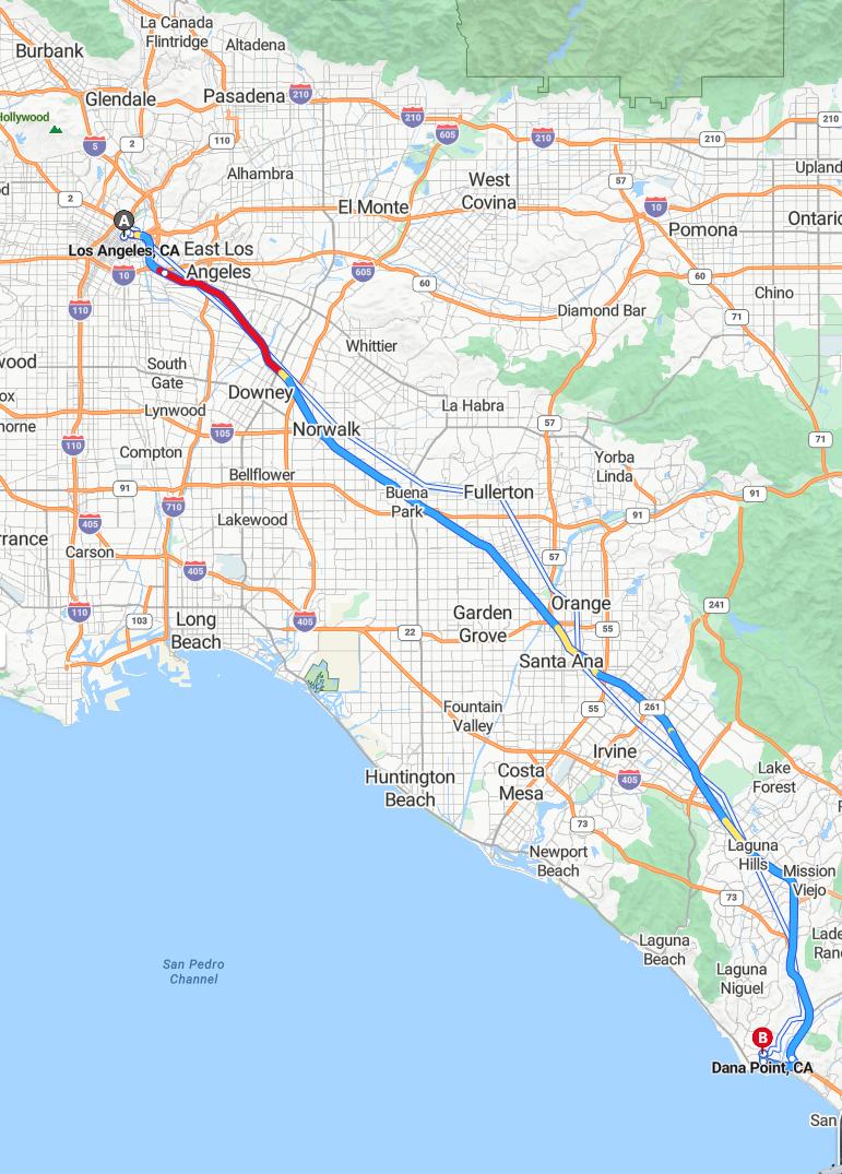 driving from Los Angeles, California to Dana PointCalifornia - map and route