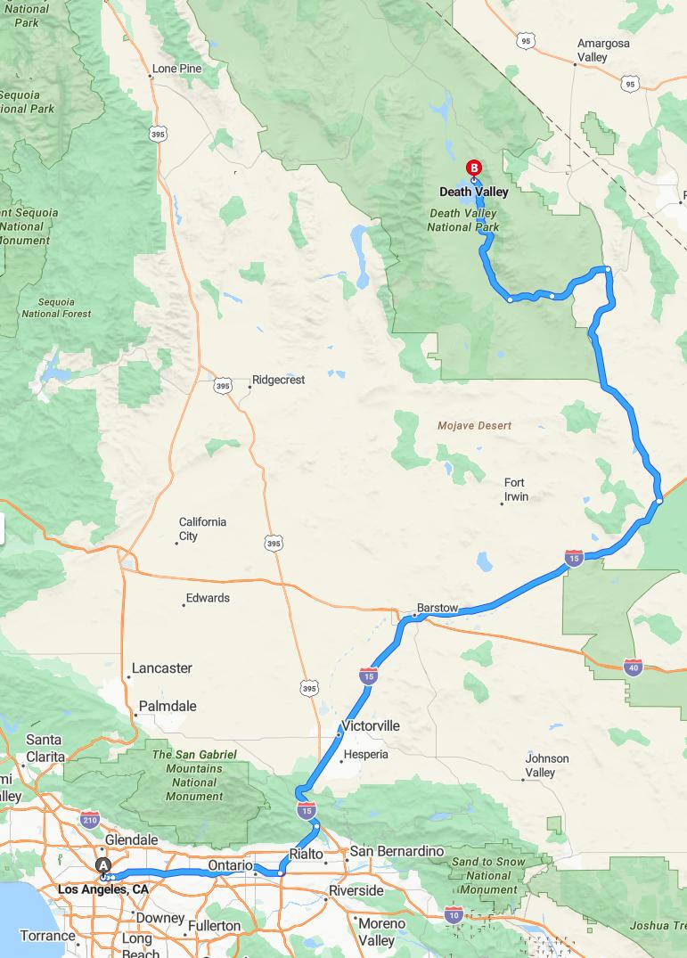 driving from Los Angeles, California to Death ValleyCalifornia - map and route