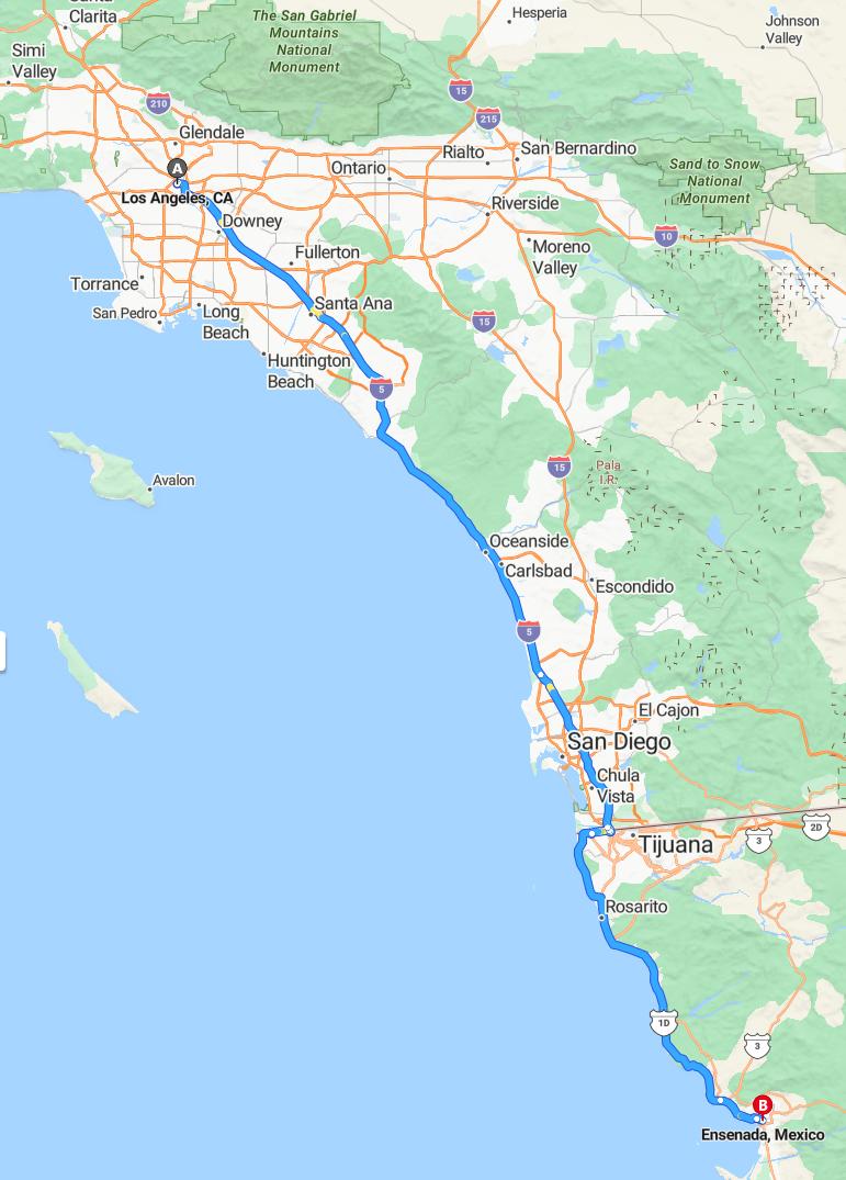 driving from Los Angeles, California to EnsenadaBaja California - map and route