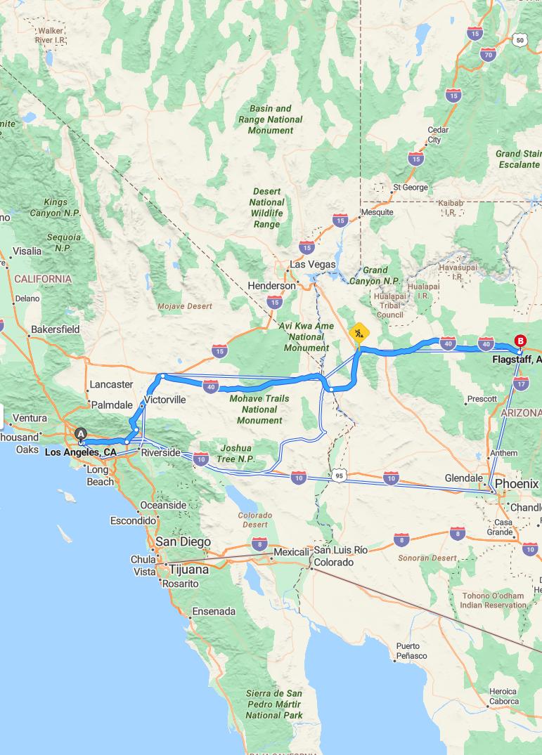 driving from Los Angeles, California to FlagstaffArizona - map and route