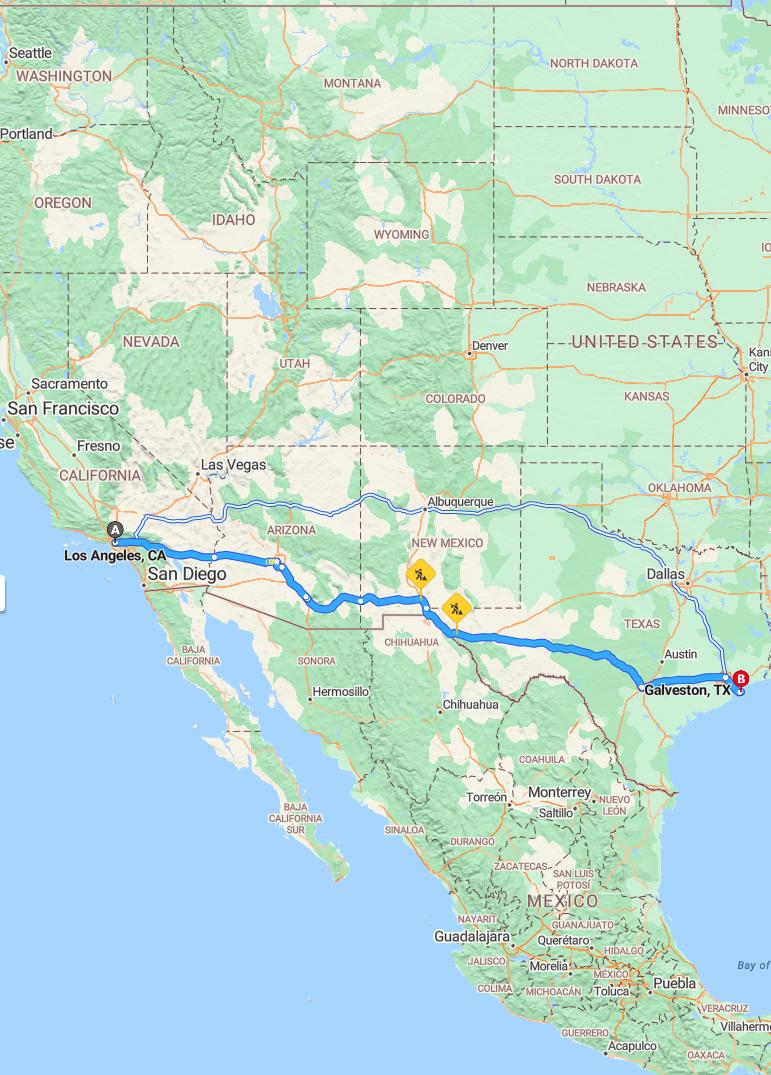 driving from Los Angeles, California to GalvestonTexas - map and route