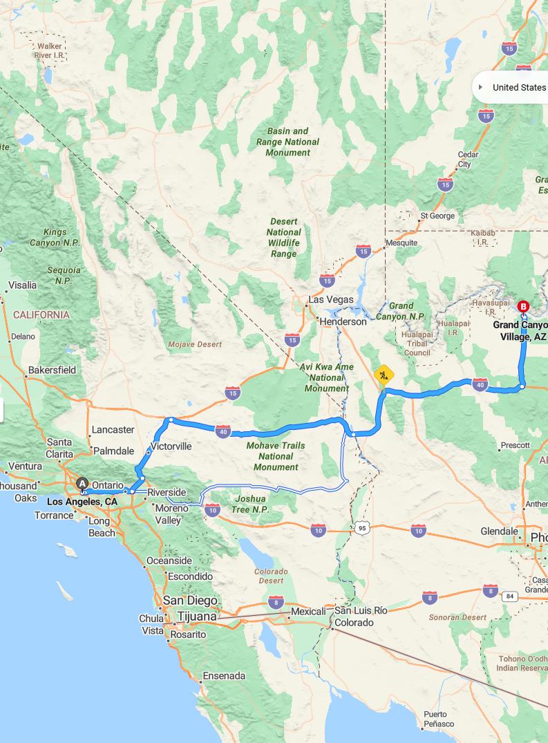 driving from Los Angeles, California to Grand Canyon VillageArizona - map and route